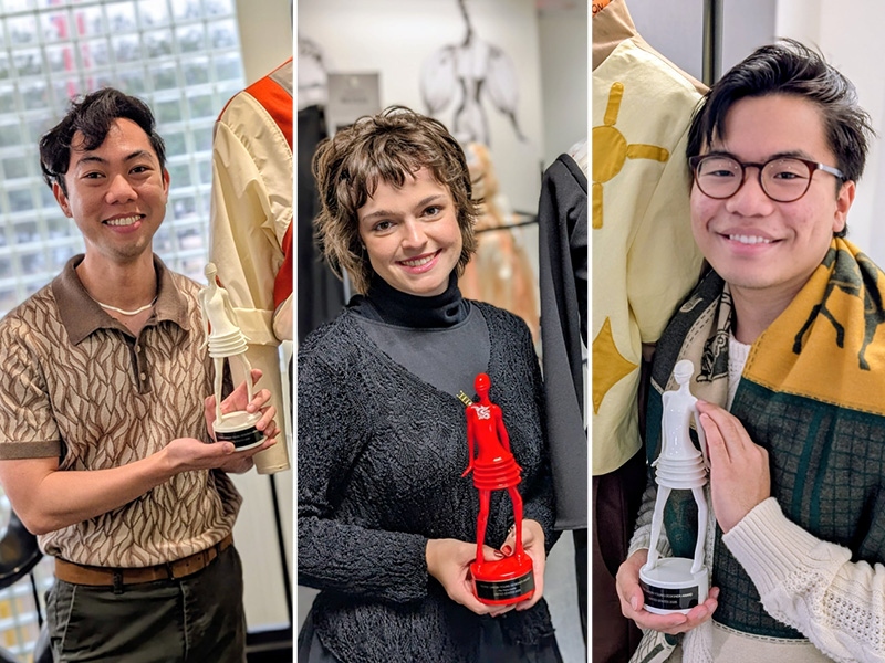Photo 1: Pictured from left to right: HCC Fashion Design Students with their trophies. Darrion Nguyen earned Best Creativity; Kelyn Mauz earned overall Second Prize; and Matthew Simbajon earned the High Potential Prize at the Pierre Cardin Young Designers Award (PCYDA) competition, held Nov. 19-20, in Dallas.