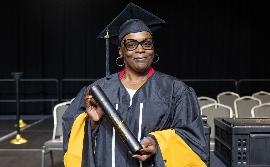 After stepping away from college for health reasons, a 45‑year‑old single mom used the Houston Reconnect Scholarship to complete her degree through HCC Global Online, moving her closer to a dream career.